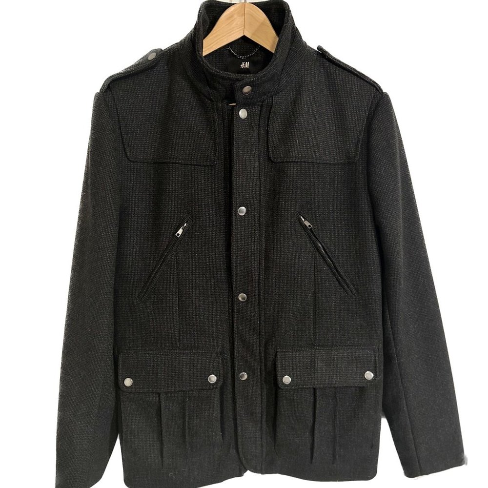 Men's H&M Wool Blend Military Coat Jacket | Black/Gray | Herringbone | Size: 42R